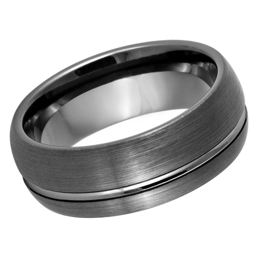 Men's Gun Metal IP Plated Dome Brushed Off Center Groove Silver Tungsten- 8mm Tungsten Ring