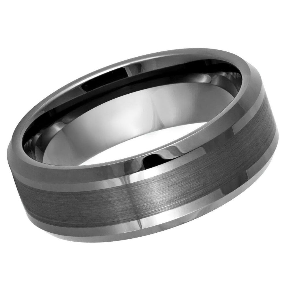 Men's Gun Metal IP Plated Brushed Center Shiny Lines Beveled Edge Tungsten Wedding- 8mm Tungsten Ring