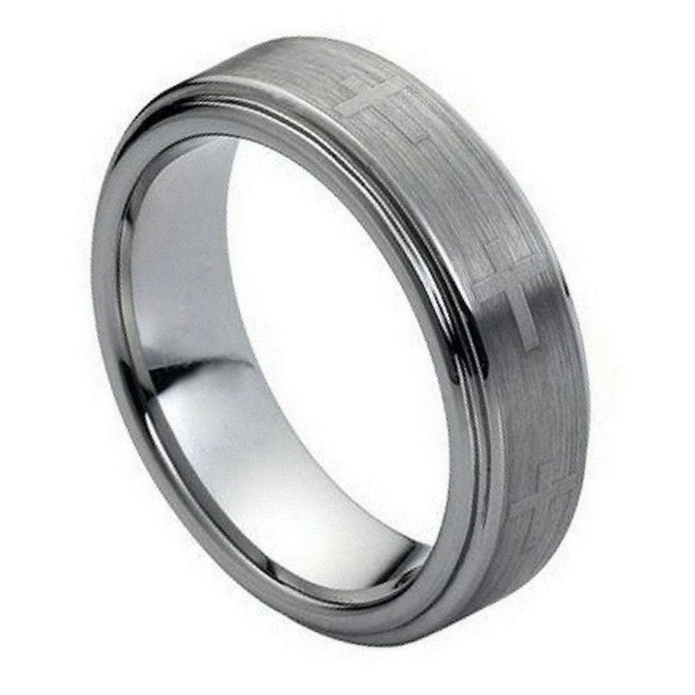 Men's Laser Crosses Brushed Center Tungsten- 7mm Engraved Tungsten Ring