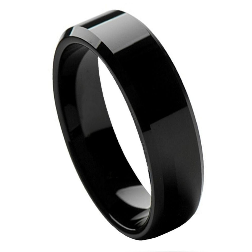 Men's Tungsten Tungsten Ring Flat High Polished Black IP Plated Beveled Edge- 6mm Engraved Tungsten Ring