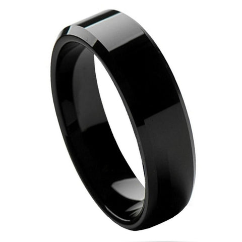 Men's Tungsten Tungsten Ring Flat High Polished Black IP Plated Beveled Edge- 6mm Engraved Tungsten Ring