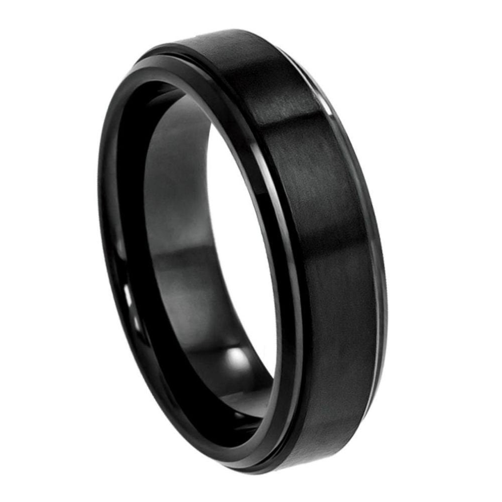 Men's Tungsten Tungsten Ring Flat Brushed Center with High Polished Stepped Edge- 6mm Engraved Tungsten Ring