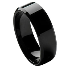 Men's Tungsten Tungsten Ring High Polished Black IP Plated Beveled Edge- 8mm Engraved Tungsten Ring