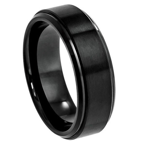 Men's Tungsten Tungsten Ring Black IP Plated Flat Brushed Center With High Polished Stepped Edge- 8mm Tungsten Ring