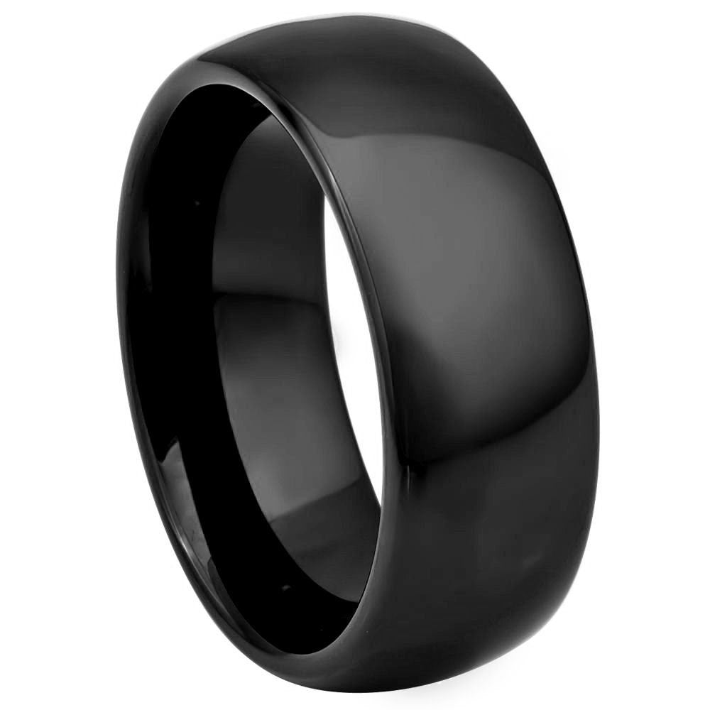 Men's Tungsten Tungsten Ring High Polished Shiny Black IP Plated Classic Domed- 8mm Engraved Tungsten Ring