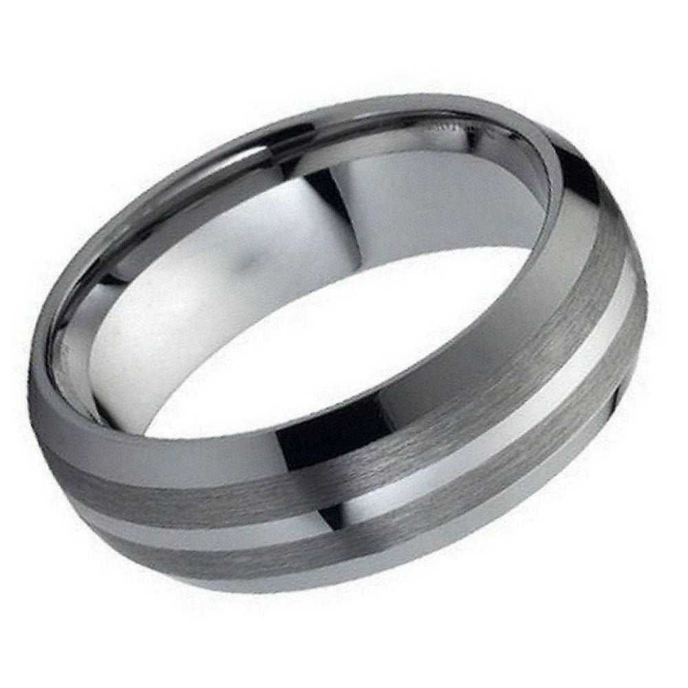 Men's Tungsten Tungsten Ring Brushed Sides with Polished Shiny Center- 8mm Engraved Tungsten Ring