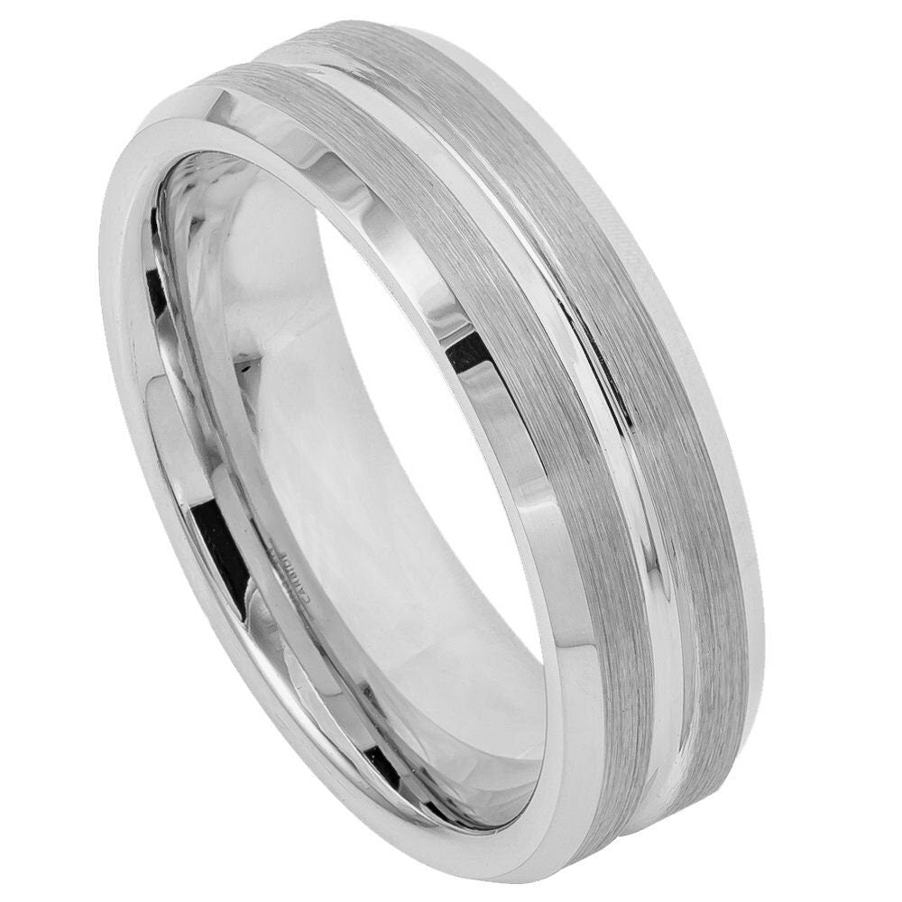 Men's Tungsten Tungsten Ring Shiny Grooved Center Brushed Side- 7mm Engraved Tungsten Ring