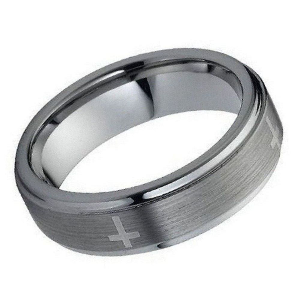 Men's Tungsten Tungsten Ring Flat Brushed Center Laser Crosses- 7mm Engraved Tungsten Ring