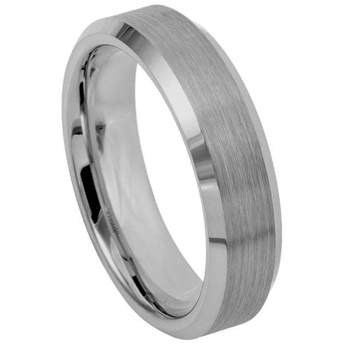 Men's Tungsten Brushed Center Shiny Beveled Edge Silver- 6mm Engraved Tungsten Ring