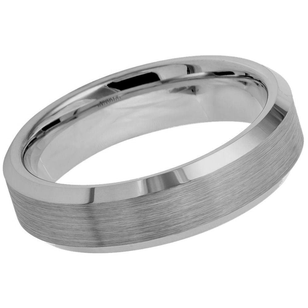 Men's Tungsten Brushed Center Shiny Beveled Edge Silver- 6mm Engraved Tungsten Ring