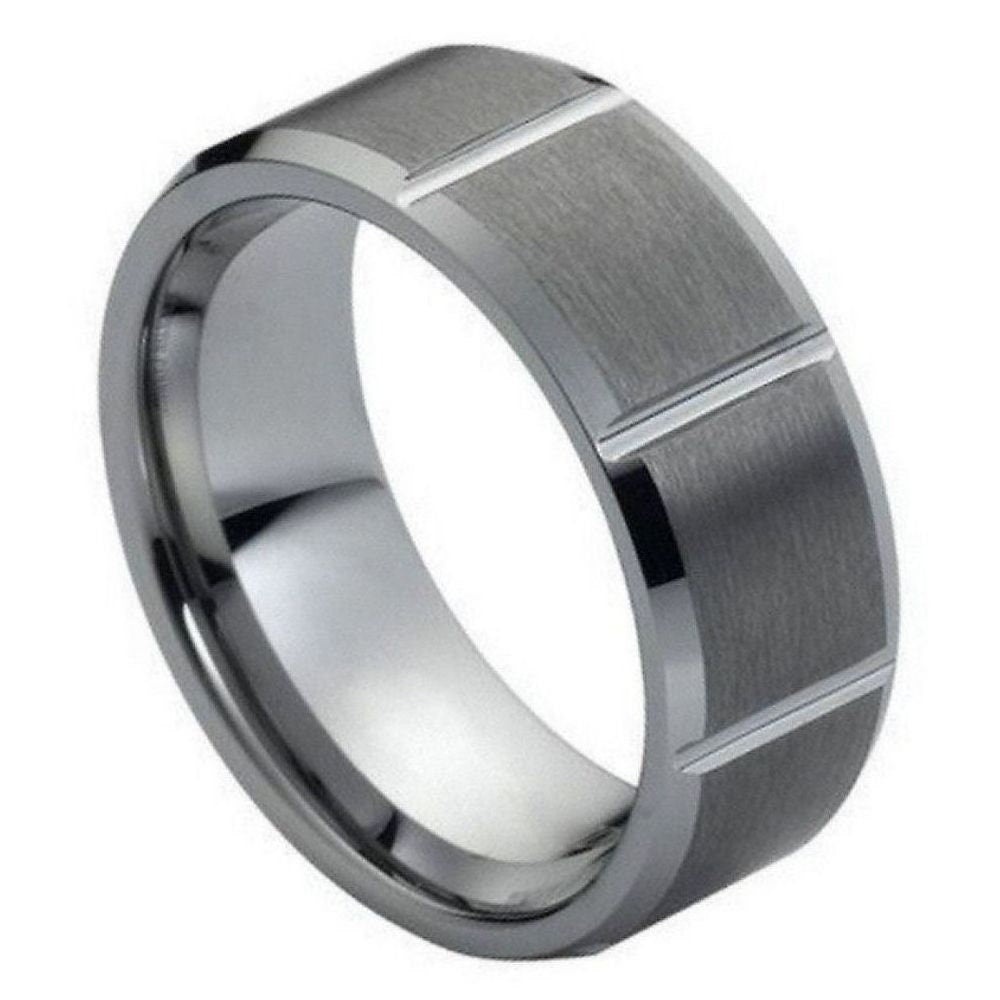 Men's Tungsten Multiple Vertical Grooves Brushed Center Beveled Edge- 8mm Engraved Tungsten Ring