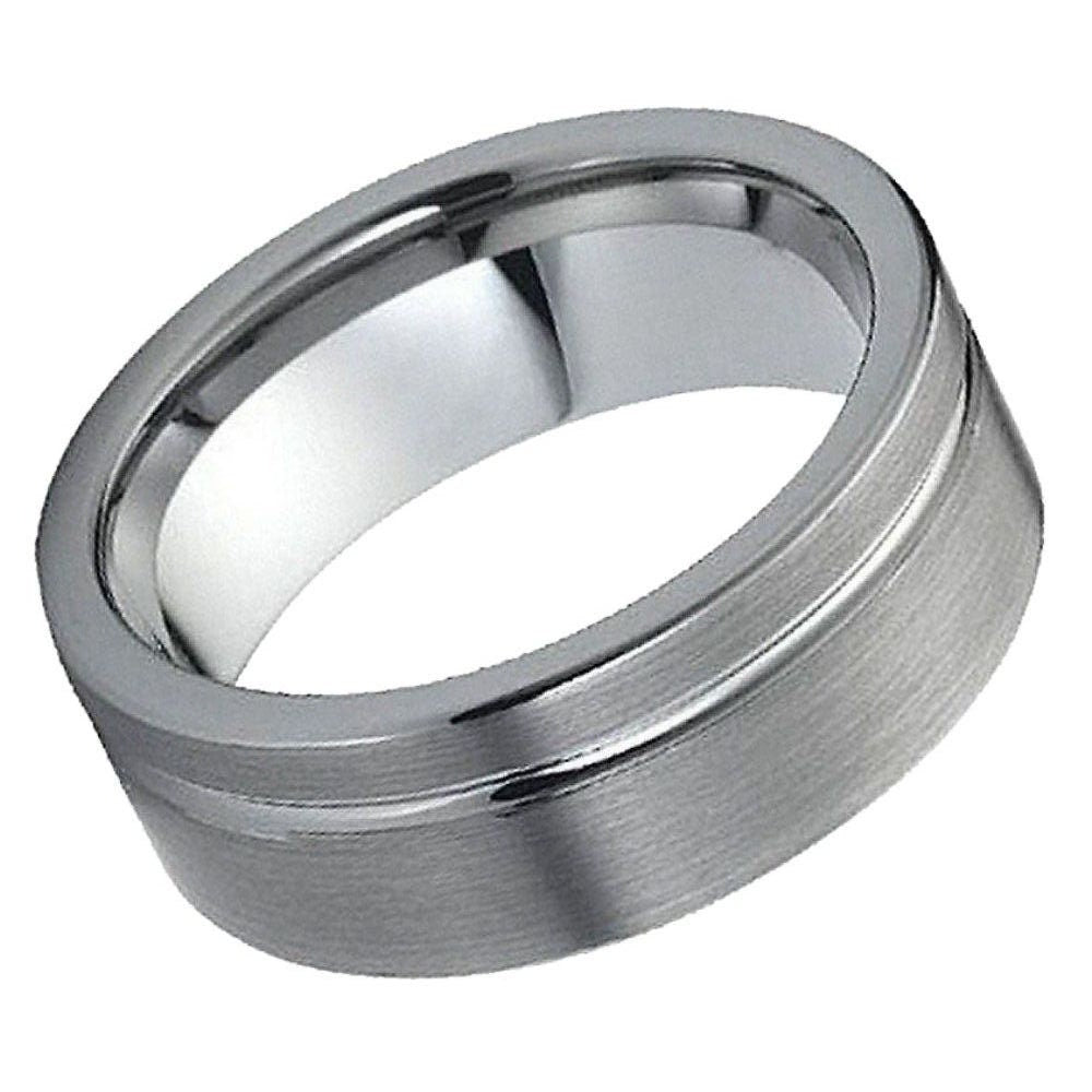 Men's Tungsten Tungsten Ring Pipe Cut Brushed Finish With Polished Shiny Off Center Groove- 8mm Engraved Tungsten Ring