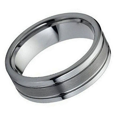 Men's Tungsten Tungsten Ring Polished Shiny Double Grooved Brushed Center- 8mm Engraved Tungsten Ring