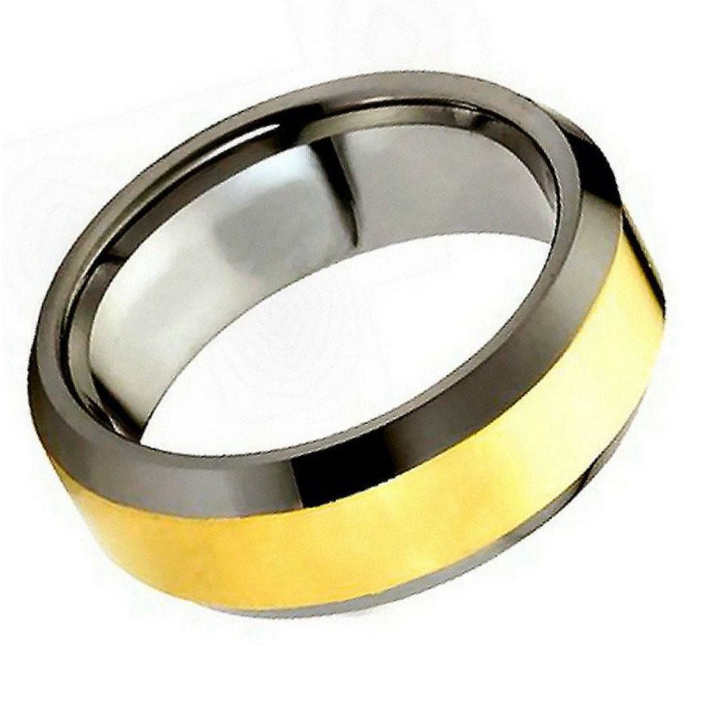 Men's Tungsten Tungsten Ring Polished Shiny Gold Plated Center & Beveled Edge- 8mm Engraved Tungsten Ring