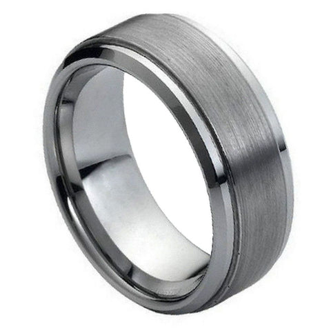 Men's Tungsten Brushed Center Stepped Edge Silver- 9mm Engraved Tungsten Ring