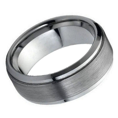 Men's Tungsten Brushed Center Stepped Edge Silver- 9mm Engraved Tungsten Ring