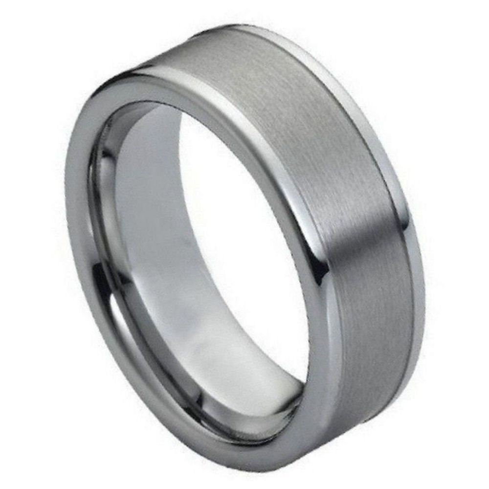 Men's Tungsten Brushed with Polished Shiny Raised Edge- 8mm Engraved Tungsten Ring