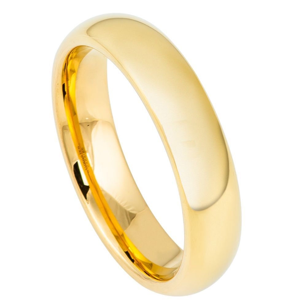 Unisex Yellow Gold Wedding Band Simple Dome Tungsten- 5mm Engraved Tungsten Ring