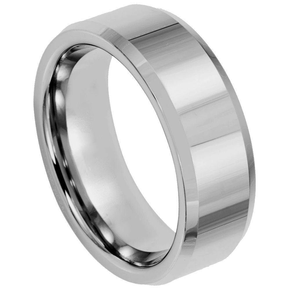 Women's Tungsten High Polished Beveled Edge- 8mm Engraved Tungsten Ring