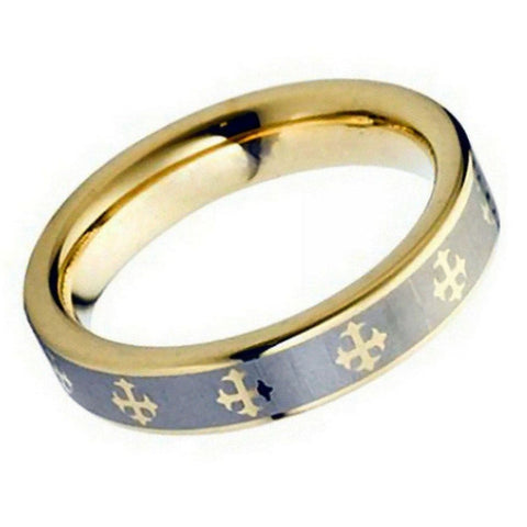 Men's Multiple Christian Cross Gold Band and Brushed Grey Tungsten Wedding- 5mm Engraved Tungsten Ring