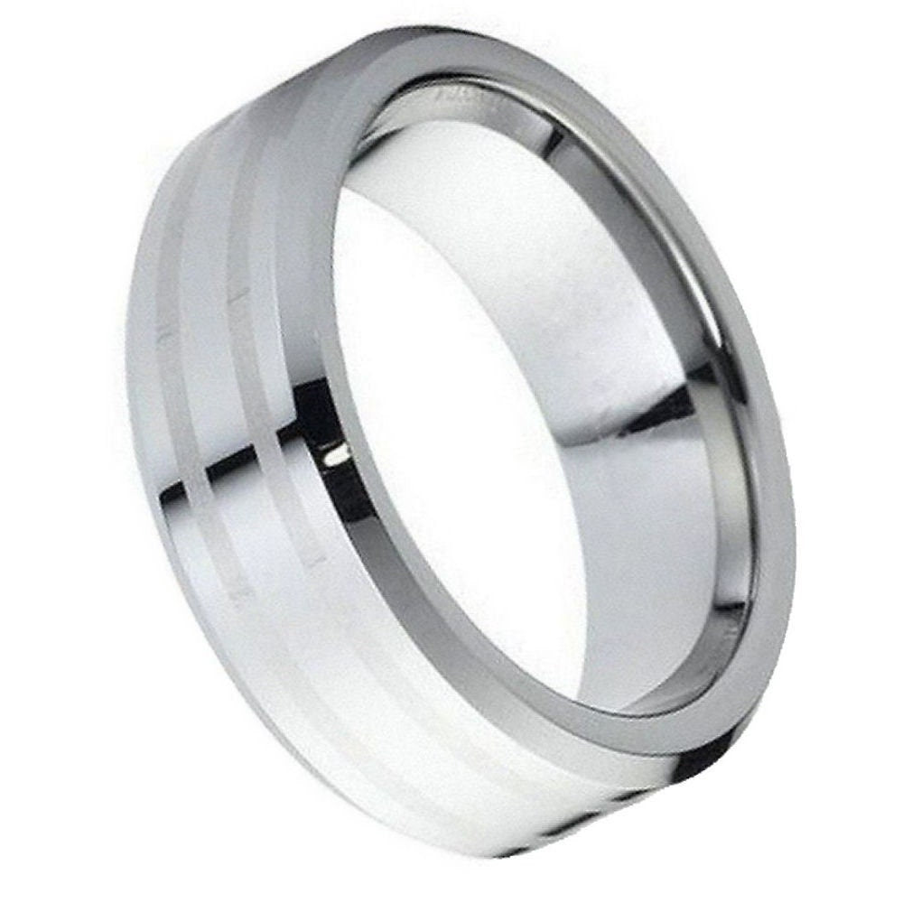 Men's Silver Piped Cut Tungsten With Brushed Center Edge Wedding- 8mm Engraved Tungsten Ring