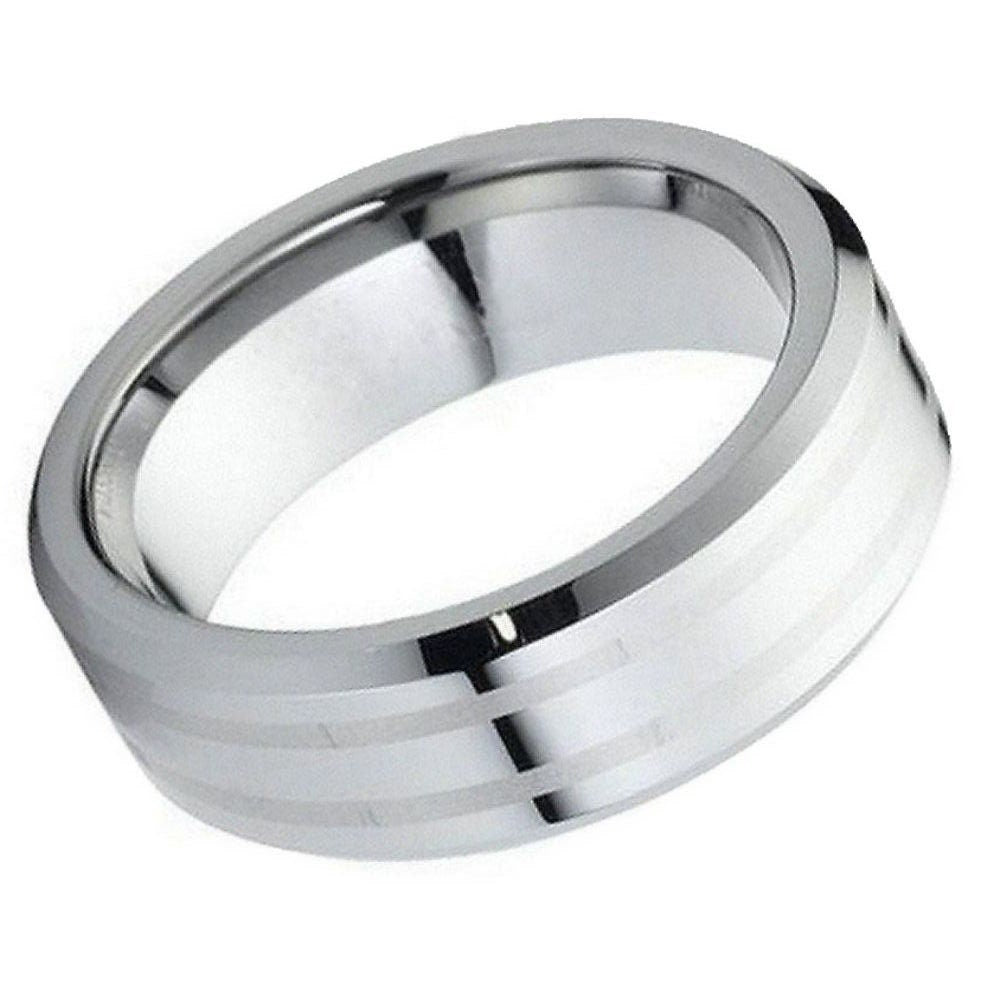 Men's Silver Piped Cut Tungsten With Brushed Center Edge Wedding- 8mm Engraved Tungsten Ring