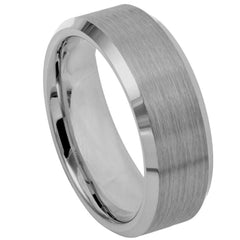 Men's Tungsten Brushed Center Shiny Beveled Edge Silver- 8mm Engraved Tungsten Ring