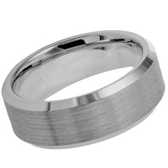 Men's Tungsten Brushed Center Shiny Beveled Edge Silver- 8mm Engraved Tungsten Ring