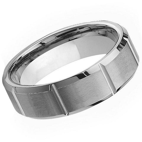 Men's Tungsten Multiple Vertical Grooves Brushed Center- 7mm Engraved Tungsten Ring