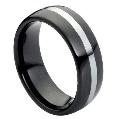 Men's Flat Black Tungsten Grey Center lines Polished Edges Wedding Band- 8mm Engraved Tungsten Ring