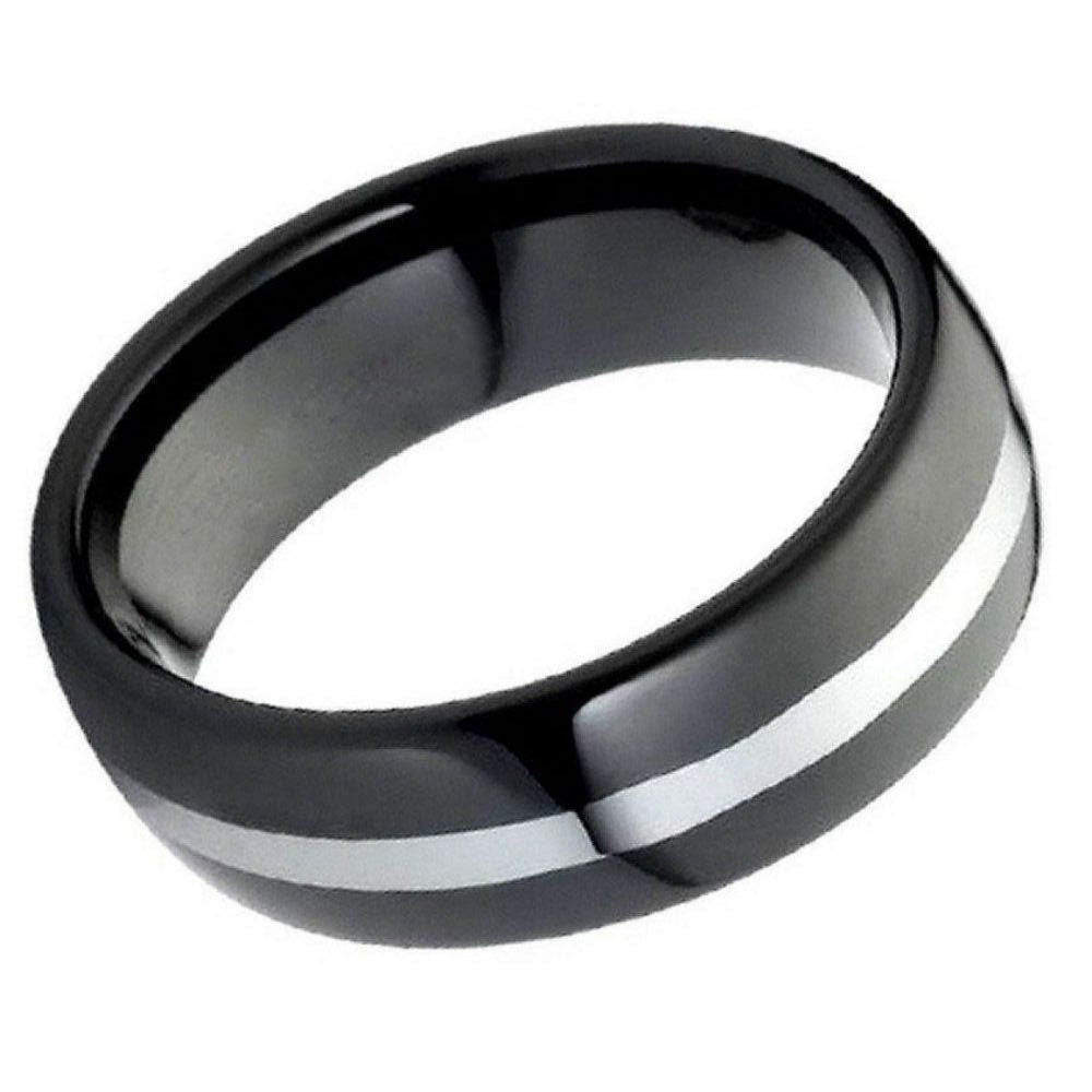 Men's Flat Black Tungsten Grey Center lines Polished Edges Wedding Band- 8mm Engraved Tungsten Ring