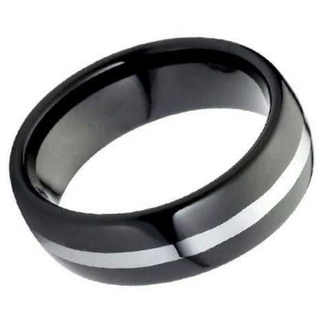 Men's Flat Black Tungsten Grey Center lines Polished Edges Wedding Band- 8mm Engraved Tungsten Ring