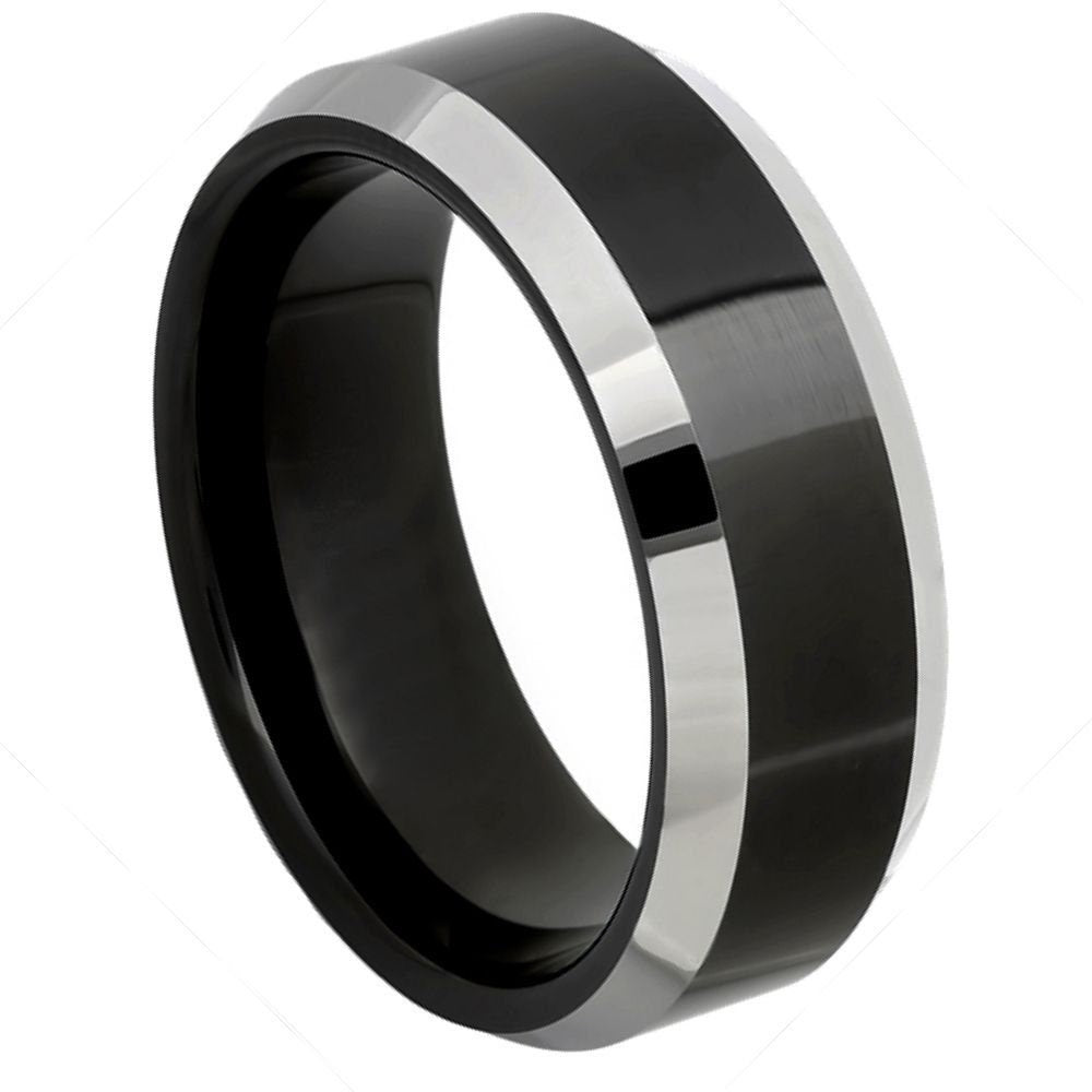 Men's Tungsten Wedding Band Black Center Brushed With Polished Edges Tungsten- 8mm Engraved Tungsten Ring