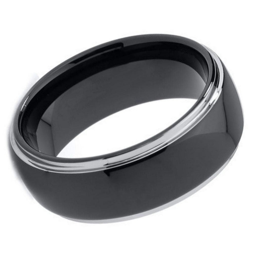 Men's Tungsten Black Matte Center With Step Edges Tungsten Wedding Band- 8mm Engraved Tungsten Ring