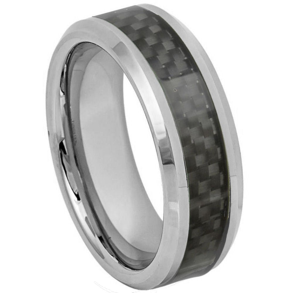 Men's Silver With Carbide Black Carbon Fiber Inlay Tungsten Wedding- 8mm Engraved Tungsten Ring