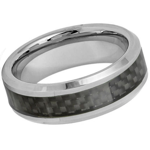 Men's Silver With Carbide Black Carbon Fiber Inlay Tungsten Wedding- 8mm Engraved Tungsten Ring