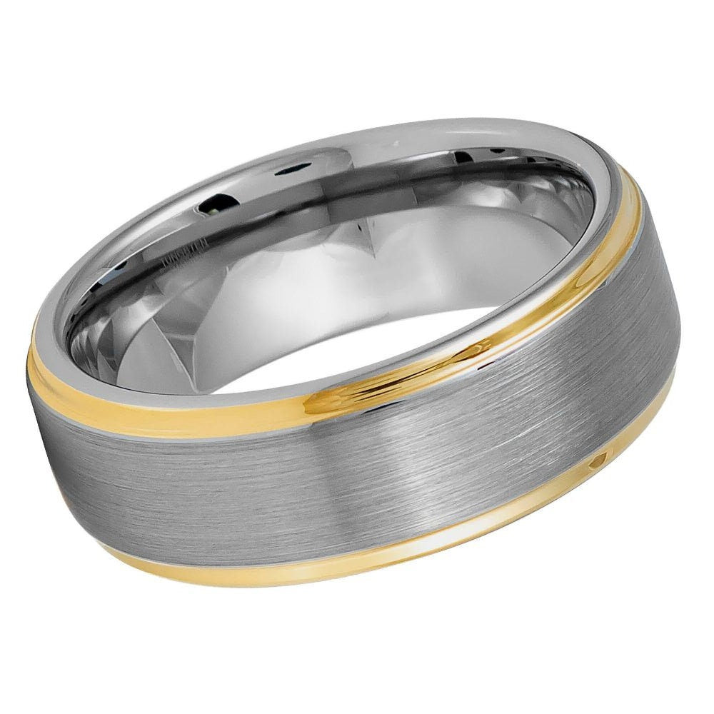 Men's Tungsten Silver Center Brushed With Yellow Gold Edge Wedding- 8mm Engraved Tungsten Ring