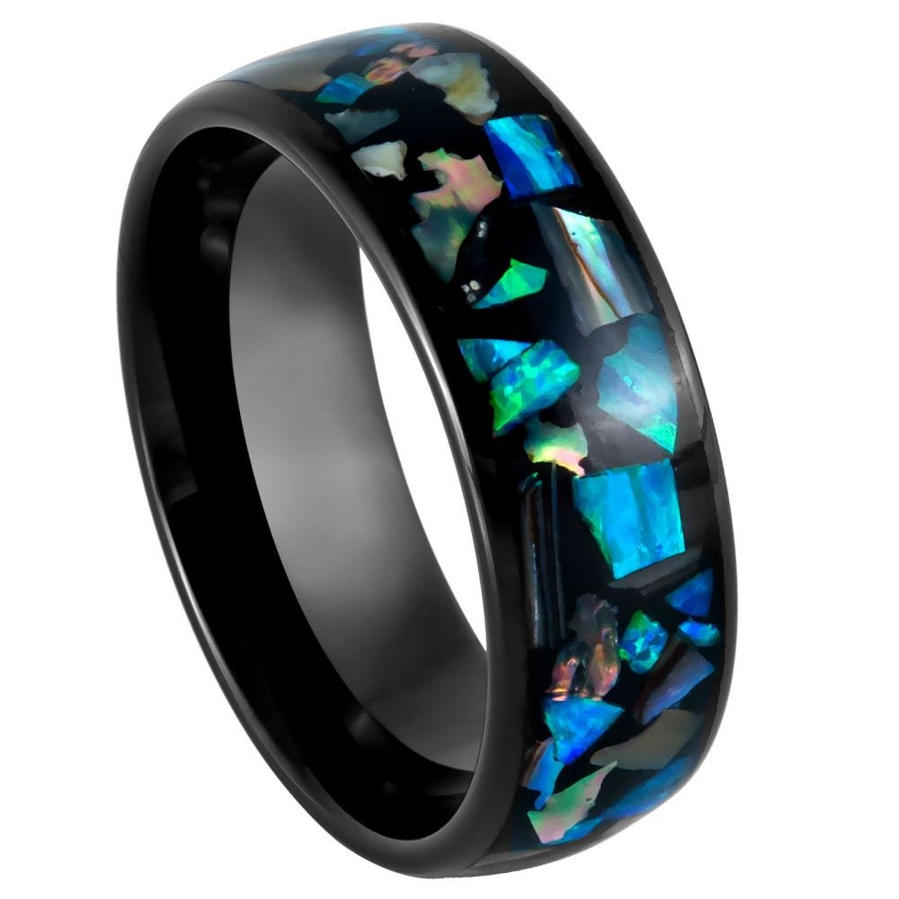 Men's Dome Black IP with Synthetic Opal and Abalone Fragments Inlay Tungsten- 8mm Tungsten Ring