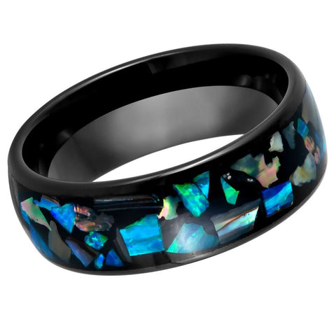 Men's Dome Black IP with Synthetic Opal and Abalone Fragments Inlay Tungsten- 8mm Tungsten Ring