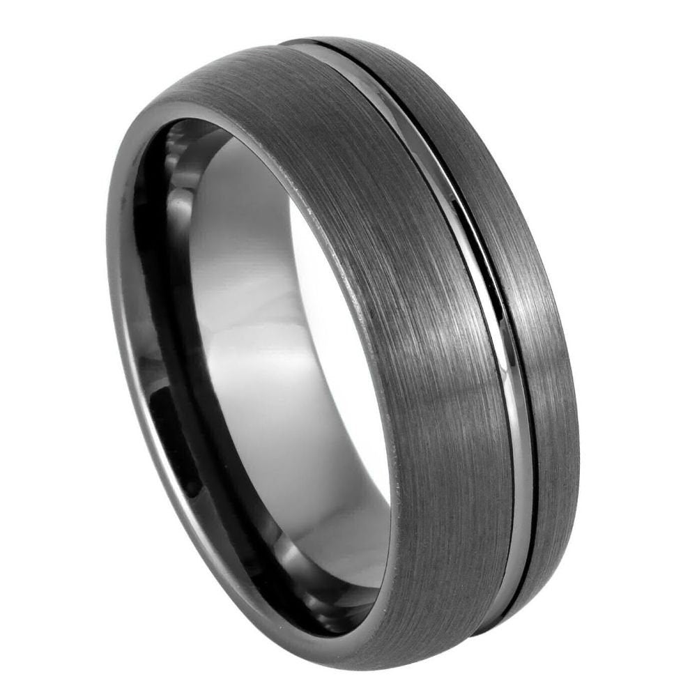 Men's Gun Metal IP Plated Dome Brushed Off Center Groove Silver Tungsten- 8mm Tungsten Ring