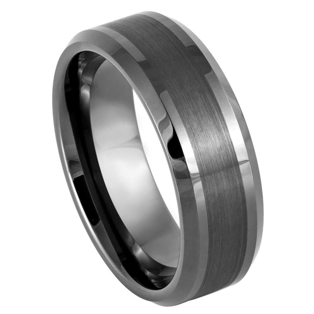 Men's Gun Metal IP Plated Brushed Center Shiny Lines Beveled Edge Tungsten Wedding- 8mm Tungsten Ring