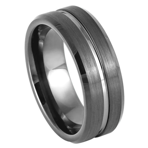 Gun Metal IP Plated Grooved Center Brushed Beveled Edge 8mm Tungsten Tungsten Ring