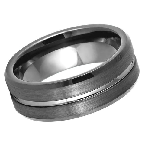 Gun Metal IP Plated Grooved Center Brushed Beveled Edge 8mm Tungsten Tungsten Ring