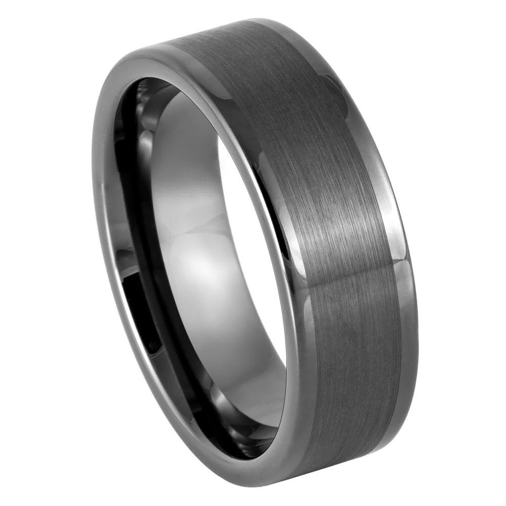 Gun Metal IP Pipe Cut Brushed Center High Polish Flat Edge 8mm Tungsten Tungsten Ring