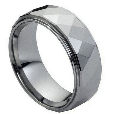 Men's Domed Faceted Tungsten Ring Stepped Edge Wedding Silver Band Tungsten- 8mm Engraved Tungsten Ring