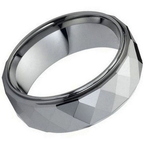 Men's Domed Faceted Tungsten Ring Stepped Edge Wedding Silver Band Tungsten- 8mm Engraved Tungsten Ring