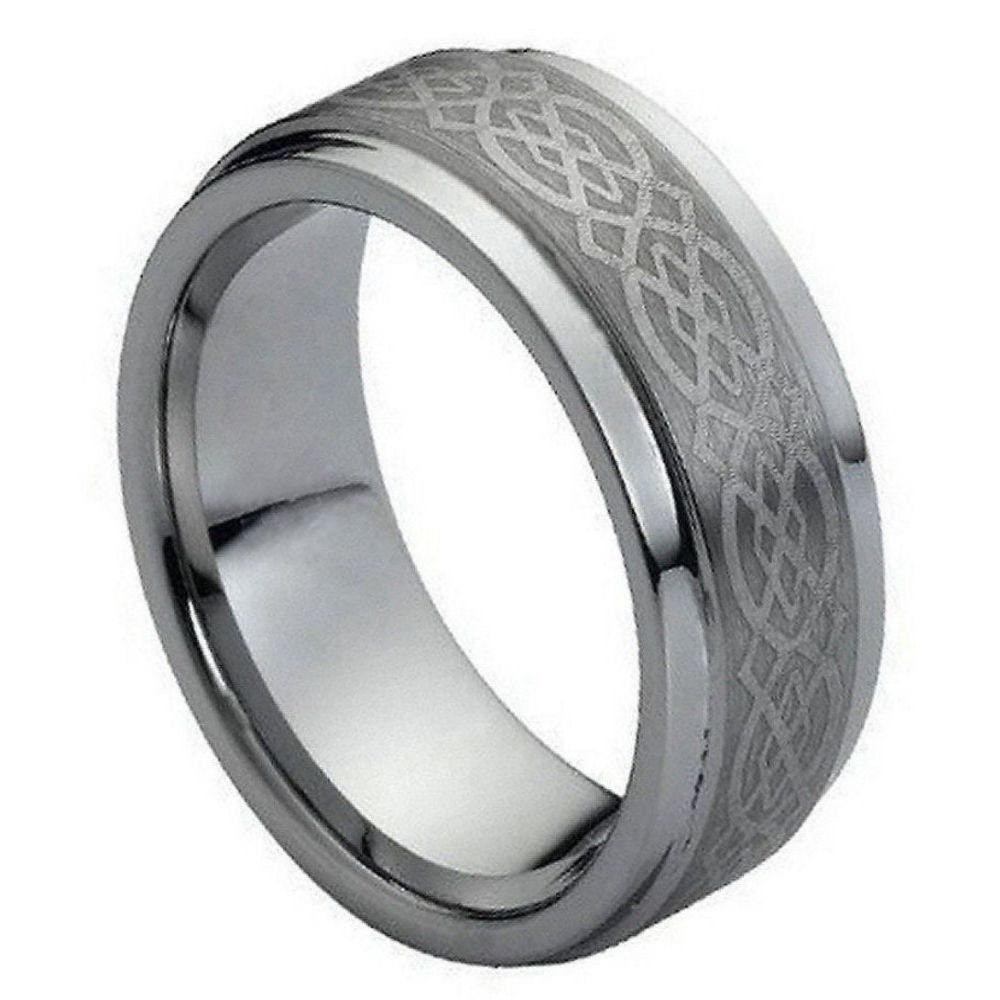 Men's Brushed Center Laser Celtic Pattern Tungsten- 9mm Engraved Tungsten Ring