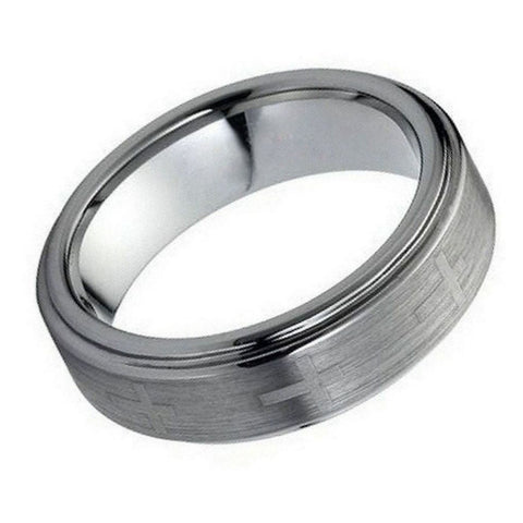 Men's Laser Crosses Brushed Center Tungsten- 7mm Engraved Tungsten Ring