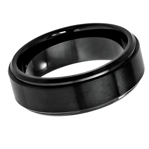 Men's Tungsten Tungsten Ring Black IP Plated Flat Brushed Center With High Polished Stepped Edge- 8mm Tungsten Ring