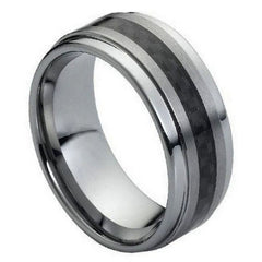 Men's Tungsten Tungsten Ring Black Carbon Fiber Inlay Brushed Center- 9mm Engraved Tungsten Ring